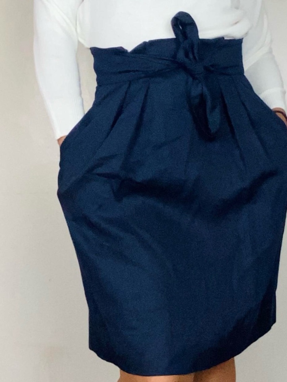 H&M Navy Paperbag Midi Skirt with Tie Belt